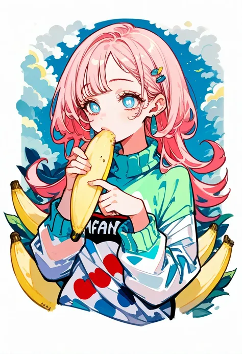 (masterpiece, best quality: 1.2),Barbie doll,，colloid， Sexy eyes，The expression of a kiss，Wet pink and white sexy lips， colloid skin，Full figure，earrings（（Watercolor pattern sweater））eating banana，full-body shot