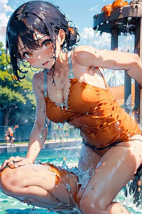 (Dripping wet with slippery liquid lotion:1.5),((Orange swimsuit((Orange camisole)),Navy blue piping)),(Navy blue shorts),Black Hair,(Water playground in the park:1.2),(Leaning forward pose:1.4),