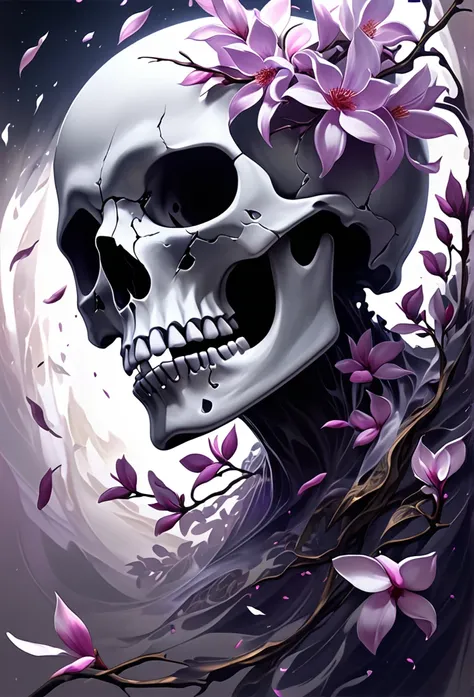 Cinematic digital painting: stark white skull (at the half top skull) metamorphosing into delicate magnolia petals. Dramatic chiaroscuro lighting. Low-angle shot capturing dynamic transformation. Intricate bone texture dissolving into soft floral details. ...