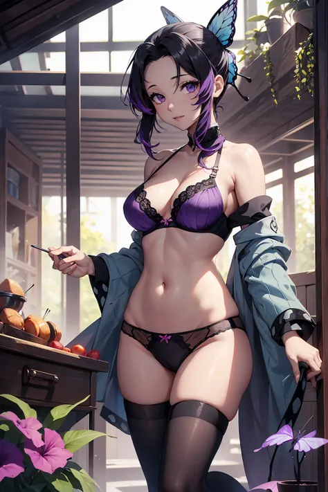 (Highest quality:1.5, High resolution, uhd, 4K, Detailed lighting, Shaders),Very fine particles，Section Chief Ren，Colorful Hair，No bangs，Hair Intake，Purple eyes，butterfly，band　Cute black bra　Cute black panties（Tropical Garden：1.2），Purple flowerostly cloudy...