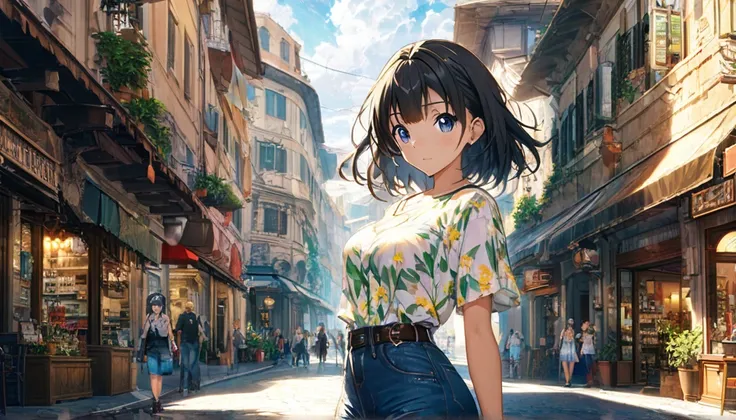 ((Anime Infinite Stratus Art, 8k, ultra full high definition, epic quality, epic texture)). The theme is mysterious.  The setting is a street in Rome, its summer, its daytime, there are some shops, there are people passing by the scene.  The focus is a gir...