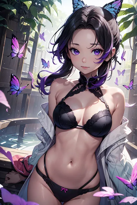 (Highest quality:1.5, High resolution, uhd, 4K, Detailed lighting, Shaders),Very fine particles，Section Chief Ren，Colorful Hair，No bangs，Hair Intake，Purple eyes，butterfly，band　Cute black bra　Cute black panties（Tropical Garden：1.2），Purple flowerostly cloudy...