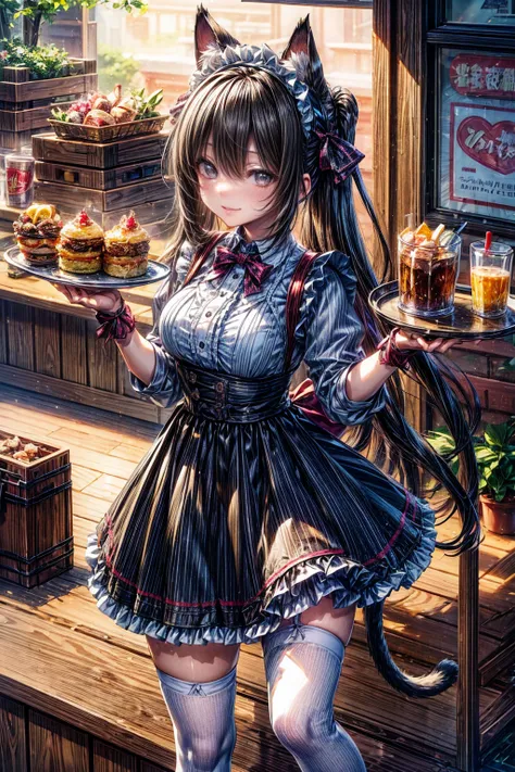 One Girl、(20-year-old woman)、Cat ears headband、Cat tail、Black maid outfit、Holding a tray with two parfaits on it in one hand、With the other hand, lift your skirt to show your underwear、Short skirt、I can see your pants、White knee-high socks、Striped pants、Hi...