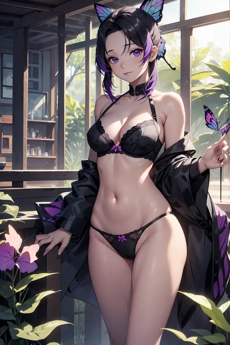 NSFW　(Highest quality:1.5, High resolution, uhd, 4K, Detailed lighting, Shaders),Very fine particles，Section Chief Ren，Colorful Hair，No bangs，Hair Intake，Purple eyes，butterfly，band　Cute black bra　Cute black panties（Tropical Garden：1.2），Purple flowerostly c...