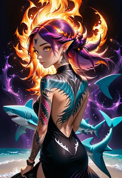  a picture of a an elf with  a ((tattoo of a shark: 1.5)) on her back, Dark fantasy art, fantasy art, goth art,, a glowing tattoo of a ((shark: 1.3)) on the back of the elf, the ((shark tattoo)) is vivid, intricate detailed coming to life from the ink to r...