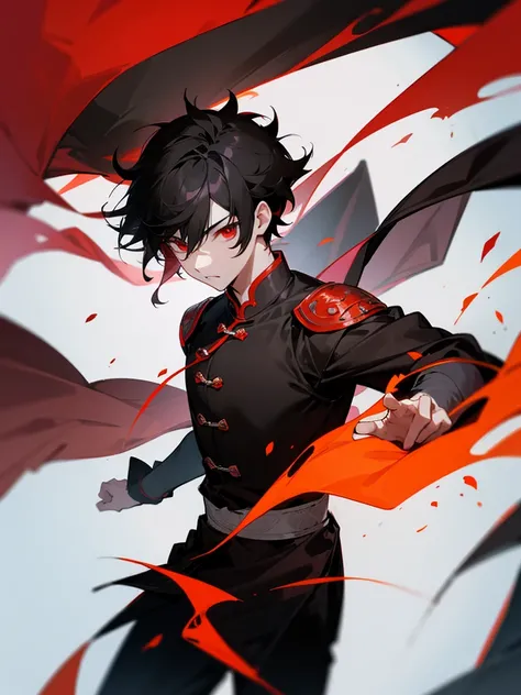 Chinese warrior, red eyes, short black hair, male, black clothes