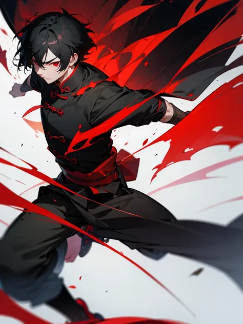 Chinese warrior, red eyes, short black hair, middle-aged man, black clothes