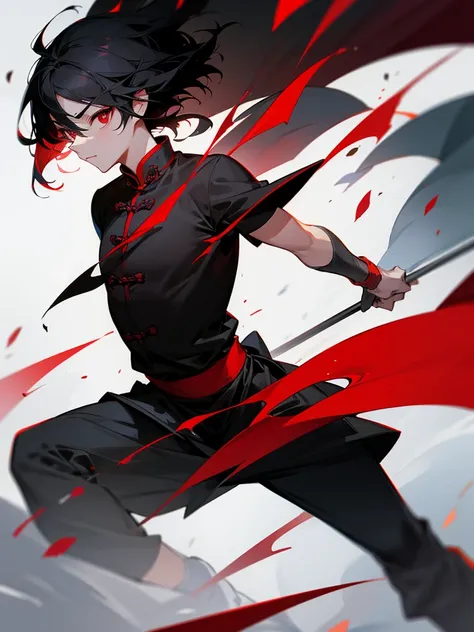 Chinese warrior, red eyes, short black hair, middle-aged man, black clothes