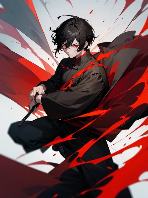 Chinese warrior, red eyes, short black hair, middle-aged man, black clothes