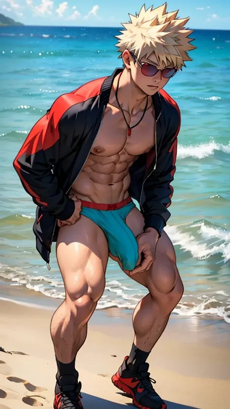 Katsuki Bakugo, 1boy, bikini, Tight muscles, Broad shoulders, Handsome, full body, body of a teenager, Tiny underwear, Sexy, sex, Guy, , Sea, jacket, sunglasses, boy, floral bikini, red eyes, tight leg muscles, big bulge,