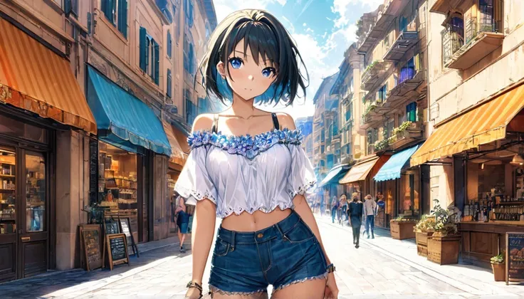 ((Anime Infinite Stratus Art, 8k, ultra full high definition, epic quality, epic texture)). The theme is mysterious.  The setting is a street in Rome, its summer, its daytime, there are some shops, there are people passing by the scene.  The focus is a gir...