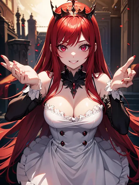 Blood-eyed Princess of Darkness, Redhead, Crown, Wicked Smile, Anime Style, Lens flare, High detail, First Person View, Cinema Lighting, masterpiece, Super detailed, Highest quality, 8K, Ultra-high resolution, Panty shot