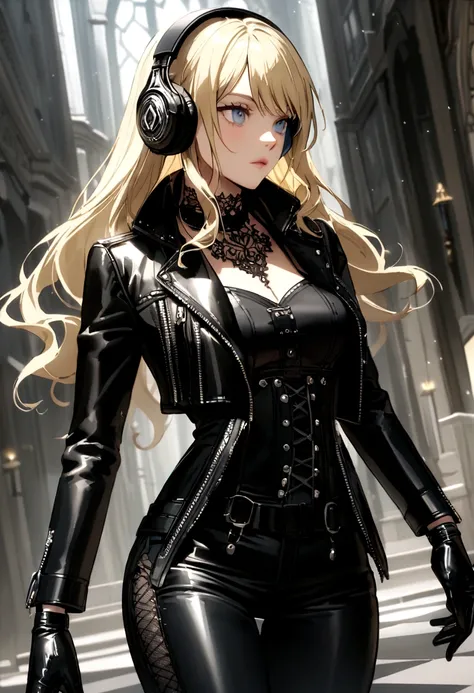 Black leather gloves　Black leather riders jacket　Black Leather Skinny Pants　Black leather long boots　Black Leather Neck Corset Headphones Blonde Scandinavian Beauties