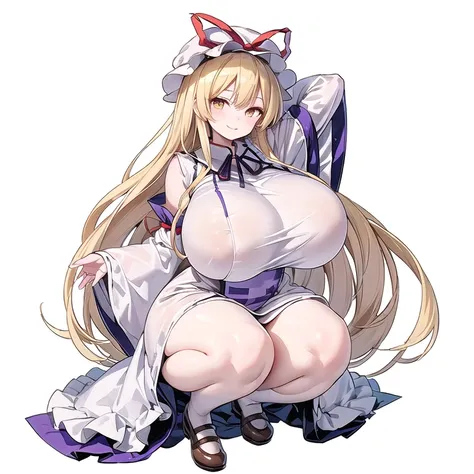 yakumo yukari (touhou), yellow eyes, hat, blonde hair, long hair, dress, ribbon, hat ribbon, bow, mob cap, frills, long sleeves, tabard, wide sleeves, hair bow, white dress, gap (touhou),,(((smile))),(((full body))),(((huge breasts:1.5))),(((arm behind hea...