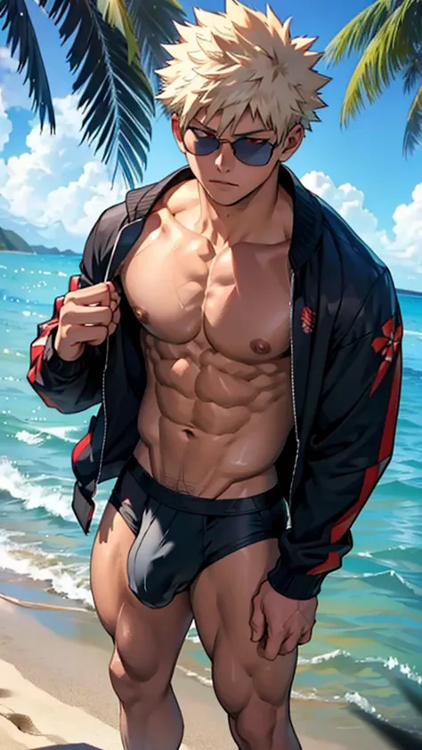 Katsuki Bakugo, 1boy, bikini, Tight muscles, Broad shoulders, Handsome, full body, body of a teenager, Tiny underwear, Sexy, sex, Guy, , Sea, jacket, sunglasses, boy, floral bikini, red eyes, tight leg muscles, big bulge, 8k, masterpiece, hd