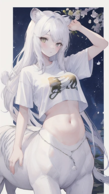 (best quality, masterpiece), 1 girl, centaur, It takes, White skin, Korean  , exposing the abdomen,belly button t-shirt, 아름다운 소녀 perfect white tiger photo, perfect white tiger photo