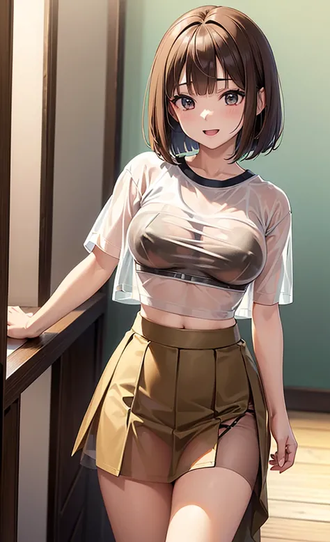 masterpiece, best quality, ultra detailed, ultra high resolution, very detailed face, solo, ((anime)), 22 years old japanese girl, (((t-shirt, croptop))), (((see-through skirt))), ((brown bob hair)), (((medium breast))), ((good mood)), standing in the room