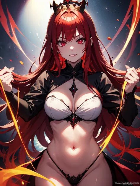 Blood-eyed Princess of Darkness, Redhead, Crown, Wicked Smile, Anime Style, Lens flare, High detail, First Person View, Cinema Lighting, masterpiece, Super detailed, Highest quality, 8K, Ultra-high resolution, Panty shot