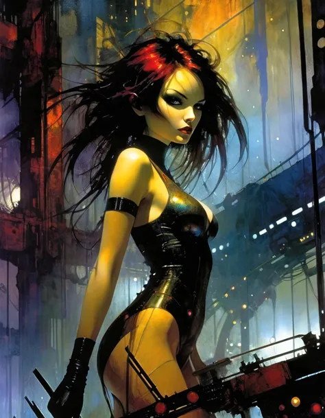 (highly detailed,cinematic lighting,dramatic colors,intricate machinery,futuristic technology,epic scale,moody atmosphere,sexy girl in scene, dark and gritty,masterpiece,best quality,8k,photorealistic,professional) (art inspired in Bill Sienkiewicz). oil p...