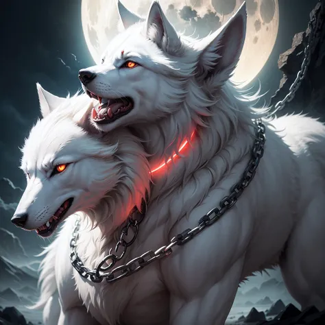 there is only a white wolf barking to the huge moon, his eyes are red, chain on his neck,