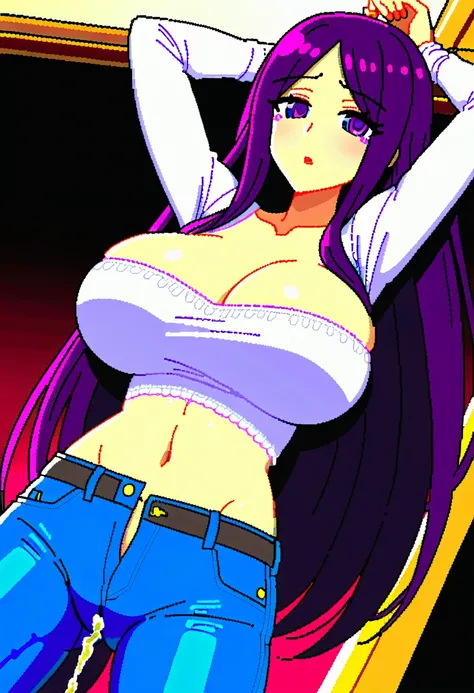 (masterpiece:1.37), best quality, (extremely detailed:1.37), woman, (adult:1.5), (very long hair:1.5), dark purple hair, purple eyes, (extremely detailed eyes:1.37), large breasts, crop top, cleavage, navel, (tight jeans:1.5), wetting self, bed, her hands ...