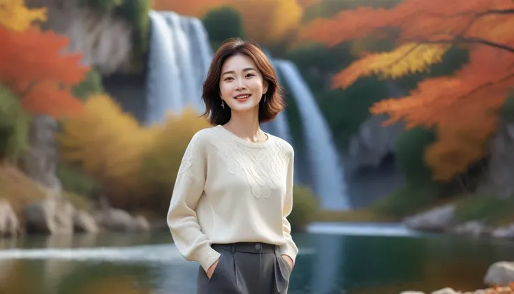 8k best picture quality, Beautiful 36-year-old Korean woman, Chest size 34 inches, Croatia Hlcevice Lake autumn scenery, At the waterfall, Back background realistic and vivid image quality, Short and medium hair blowing in the wind, Wearing high-end luxury...