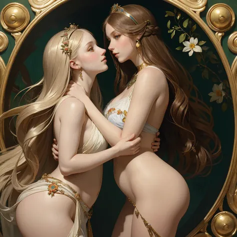 (masterpiece, best quality:1.5), oil painting by Leonardo da Vinci and Alfons Maria Mucha, (perfect anatomy:1.2), two gorgeous and stunning pale-skinned young pregnant goddesses is deeply in love with each other, kiss, fantastic make-up, jewelry, flower