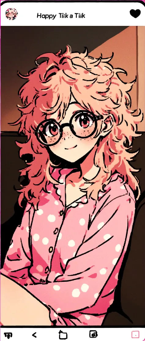 Create a girl with disheveled hair like she just woke up, with freckles on his face, in pajamas glasses, sitting on the couch and looking too messy and happy for tik tok profile