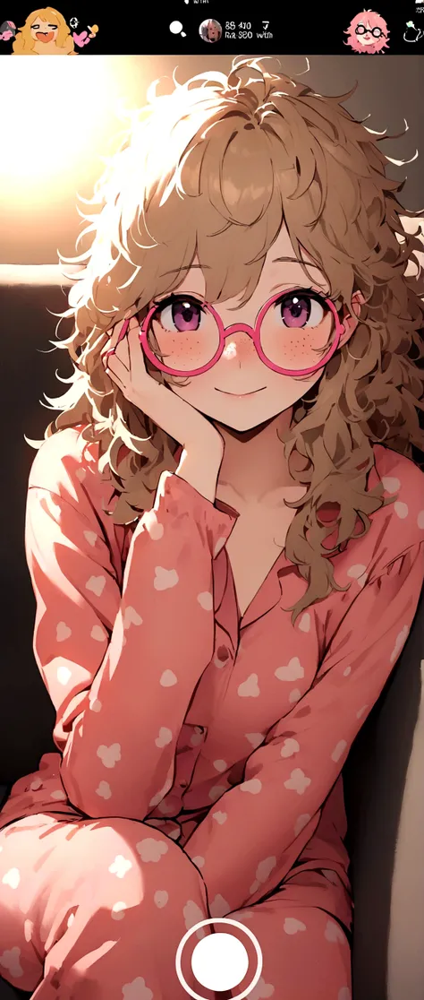 Create a girl with disheveled hair like she just woke up, with freckles on his face, in pajamas glasses, sitting on the couch and looking too messy and happy for tik tok profile