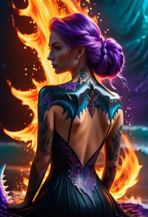  a picture of a ((tattoo of a shark: 1.5)) on the back of a female elf with, Dark fantasy art, fantasy art, goth art,, a glowing tattoo of a ((shark: 1.3)) on the back of the elf, the ((shark tattoo)) is vivid, intricate detailed coming to life from the in...