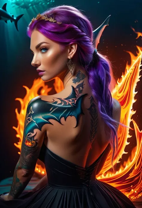  a picture of a ((tattoo of a shark: 1.5)) on the back of a female elf with, Dark fantasy art, fantasy art, goth art,, a glowing tattoo of a ((shark: 1.3)) on the back of the elf, the ((shark tattoo)) is vivid, intricate detailed coming to life from the in...