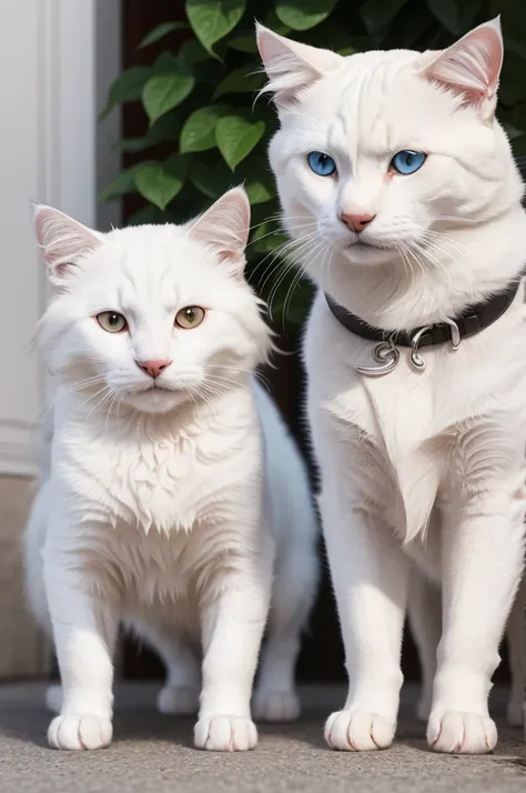 A dog and a white cat with black paws