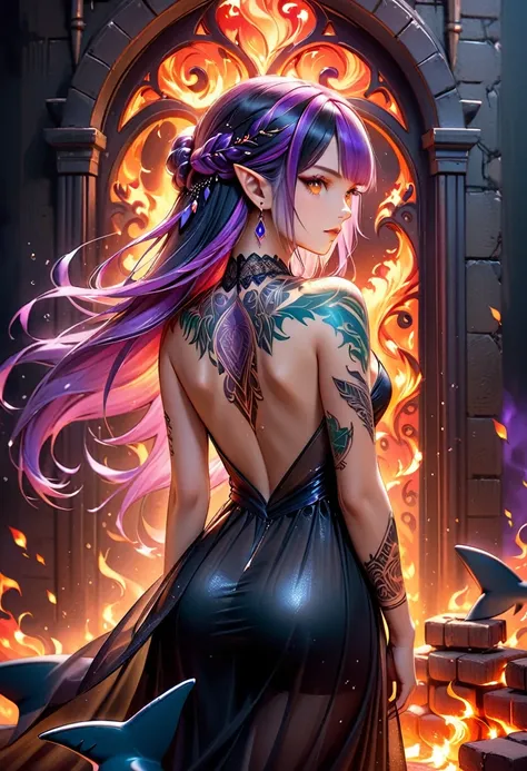  a picture of a ((tattoo of a shark: 1.5)) on the back of a female elf with, Dark fantasy art, fantasy art, goth art,, a glowing tattoo of a ((shark: 1.3)) on the back of the elf, the ((shark tattoo)) is vivid, intricate detailed coming to life from the in...