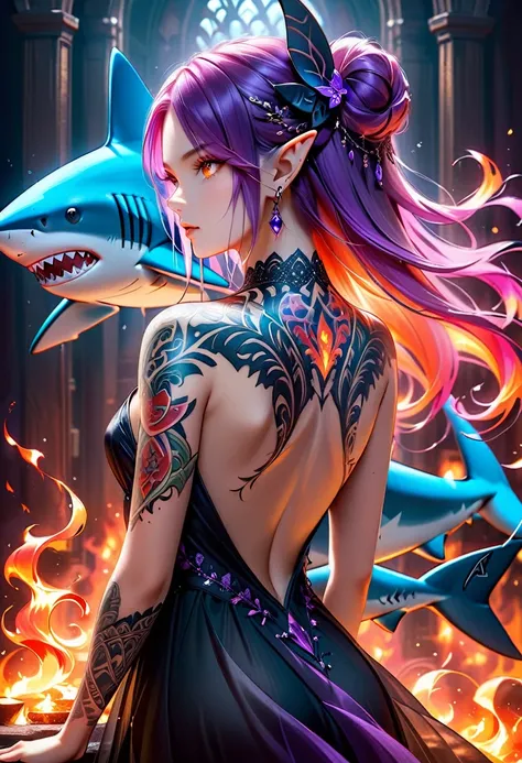  a picture of a ((tattoo of a shark: 1.5)) on the back of a female elf with, Dark fantasy art, fantasy art, goth art,, a glowing tattoo of a ((shark: 1.5)) on the back of the elf, the ((shark tattoo)) is vivid, intricate detailed coming to life from the in...