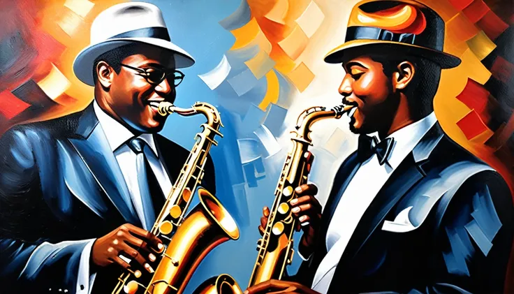 masterpiece, Highest quality, Oil painting, jazz, Tenor saxophone