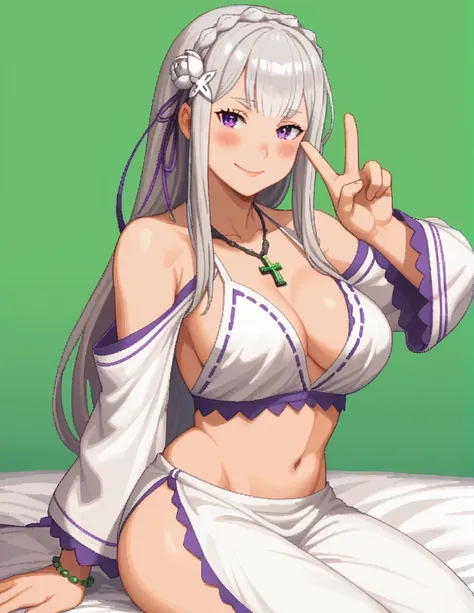 score_9, score_8_up, score_7_up, rating_safe, 1girl, solo, Pixel_Art, Re:Zero, Emilia, purple eyes, white hair, long hair, side bangs, revealing clothing, big breasts, breasts visible, hot sexy outfit, collarbone, backless, cross halter, necklace, loose sl...