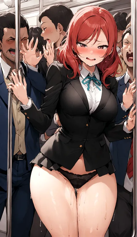 Maki Nishikino、lovelive 、One Girl, crowded train、crowd、on the train、Attacked by a molester、Five Fingers, mini skirt, Petting、Highest quality, Displeased face, blazer, blouse,Black bra、 Black panties, Her thighs and groin are wet with love juice. 、crowd、Big...