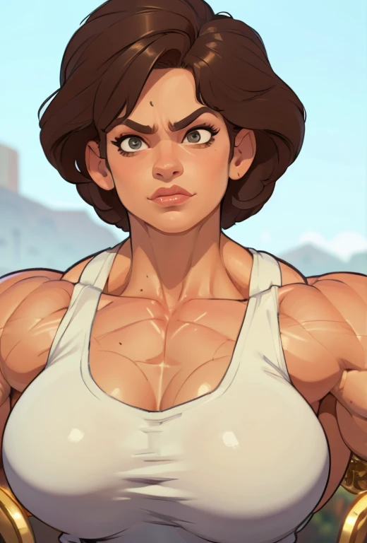 (masterpiece:1.2), (best quality), (ultra detailed), (8k, 4k, intricate),(full-body-shot:1), (highly detailed:1.2),(detailed face:1.2), (detailed background), muscle woman with brunette hair wearing top and gold bracelets, muscle woman, big muscles, huge m...