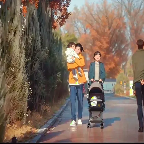 Someone walks down the street with a baby in a stroller., 🍁 cute, Highlight scenes of the movie, Scenes from live-action movies, Sangyeop Park, Movie screen capture, Realistic footage, Screenshot from the movie, The most beautiful scene, shrewd,  clan, cut...