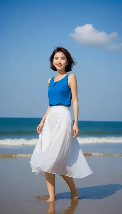 beautiful korean girl, Chest size 34 inches, Wear sleeveless, light skirt, Looking at the sea from the beach at sunset. beautiful pretty woman look , wearing a light skirt , Go far into the sea water and dip your toes., wet, dark blue sky, bright sun light...