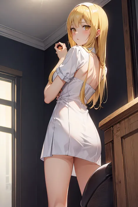 Browsing Caution　Highest quality　Best image quality　Browsing Caution　{{eye}}　White Dress　Bedroom　 Blonde　 Blonde,　Long Hair, Straight hair　Cute white panties　Bedroom　Mood Lighting　Angle from below　クールな見たeye