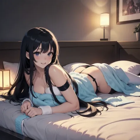 1girl, anime, black eyes, long black hair with square bangs, very long black hair, super long black hair, adult, hourglass figure, nerdy, ((((bed)))), (happy), (((bath towel))), playful, ((gamer girl)), ((lights off/low light)), night, ((black thigh highs)...