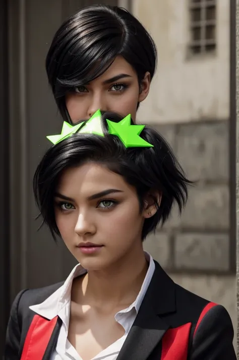 A beautiful girl with black hair with some red tips, lime green eyes, with six-pointed stars as pupils, wearing a black suit, His hair style is a short wolf cut. 