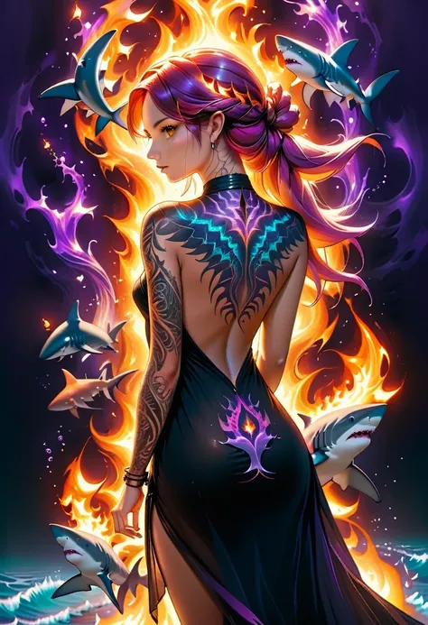  a picture of a ((tattoo of a shark: 1.5)) on the back of a female elf with, Dark fantasy art, fantasy art, goth art,, a glowing tattoo of a shark((intricate detail, best detailed: 1.5))  on the back of the elf, the ((shark tattoo)) is vivid, intricate det...