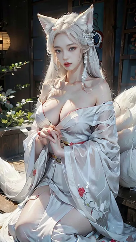 The Nine-Tailed Fox wore a kimono with her breasts barely showing.., beautiful blue eyes, white skin,Pale skin, white kimono, very long white hair, fox ears, Nine fox tails, The chest is almost invisible.., very big breasts, very big breasts 