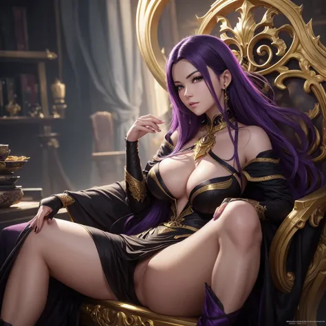 arafed woman with purple hair and a black dress sitting on a gold chair, the most gigantic breast, by Yang J, fantasy art style, ross tran 8 k, artgerm. anime illustration, 8k high quality detailed art, fanart best artstation, anime fantasy artwork, karol ...