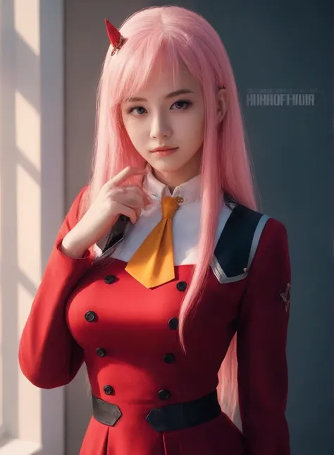 a close up of a woman in a red dress with pink hair, zero two, realistic