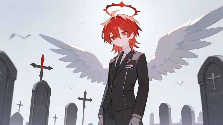 masterpiece,a boy,red hair, long hair,hair between eyes,red eyes, black suit,black tie,white wings,halo,cemetery, quality,rating_safe,score_9,score_8_up,score_7_up,Expressiveh,rating_safe,(masterpiece, best quality)