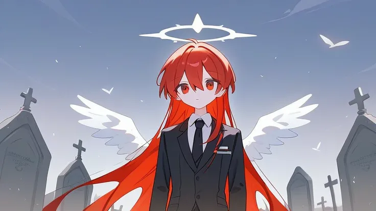 masterpiece,a boy,red hair, long hair,hair between eyes,red eyes, black suit,black tie,white wings,halo,cemetery, quality,rating_safe,score_9,score_8_up,score_7_up,Expressiveh,rating_safe,(masterpiece, best quality)