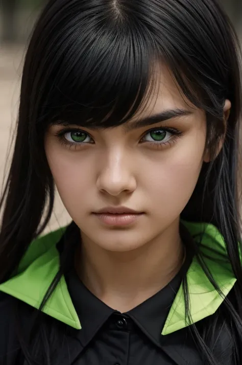 A girl with black hair with reddish tips, lime green eyes, with six-pointed stars as pupils, with a black suit.